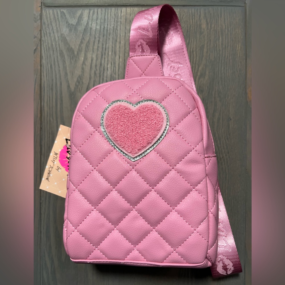 Luv Betsey by Betsey Johnson Pink Sling Crossbody w/ Felt Heart and Guitar Strap